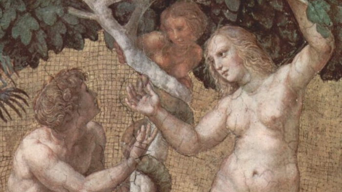 A scene of Adam and Eve being tempted by Lilith from "Stanza della Segnatura im Vatikan für Papst Julius II" by Raphael