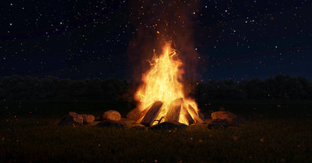 3d rendering of big bonfire with sparks and particles in front of forest and starry sky.