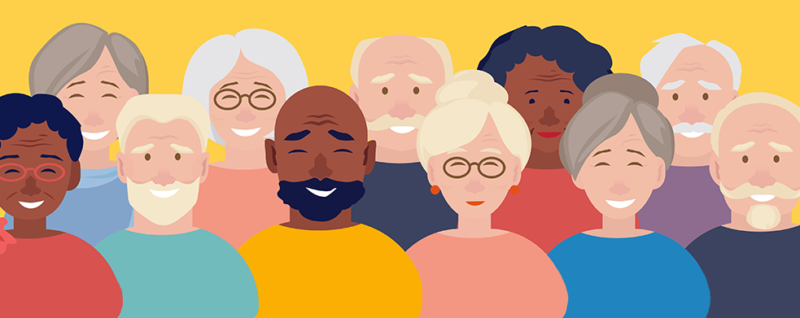 A simplistic drawing of 11 grandparents of different ethnicities and genders.
