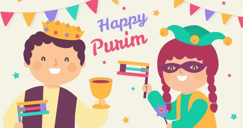 A drawing of two children celebrating Purim together. The child on the left is dressed as royalty, while the child on the right is dressed as a jester.