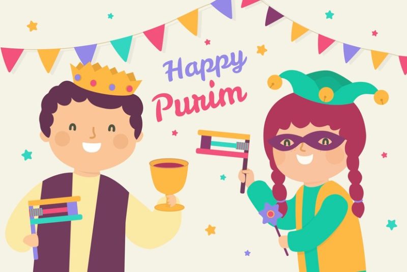 A drawing of two children celebrating Purim together. The child on the left is dressed as royalty, while the child on the right is dressed as a jester.