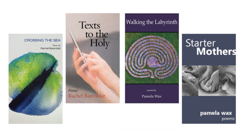 The book covers for Crossing the Sea, Texts to the Holy, Walking the Labyrinth, and Starter Mothers.
