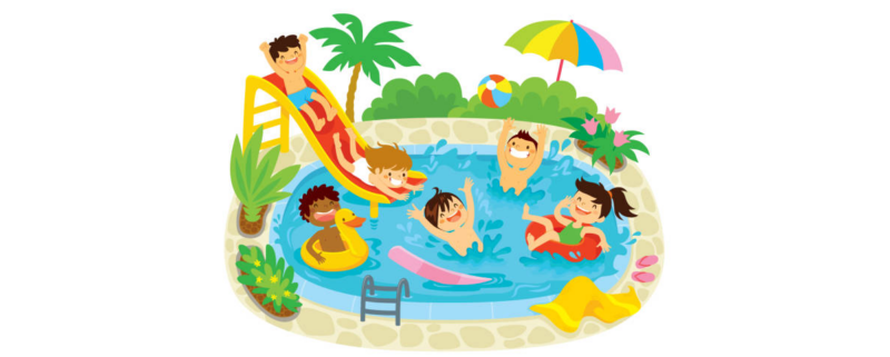 A drawing of children playing and swimming in a pool.