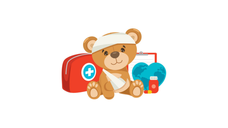 A teddy bear receiving medical care.