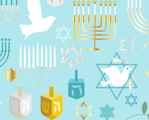 Clipart of menorahs, dreidels, and doves on a light teal background.