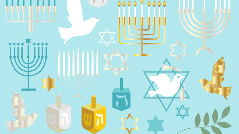 Clipart of menorahs, dreidels, and doves on a light teal background.