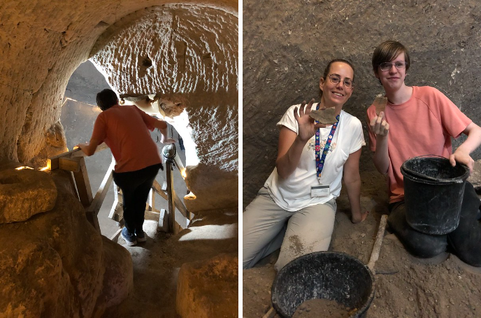 [L] Drew Zuckerman descends into the dig; [R] with guide Yael holding potsherds.