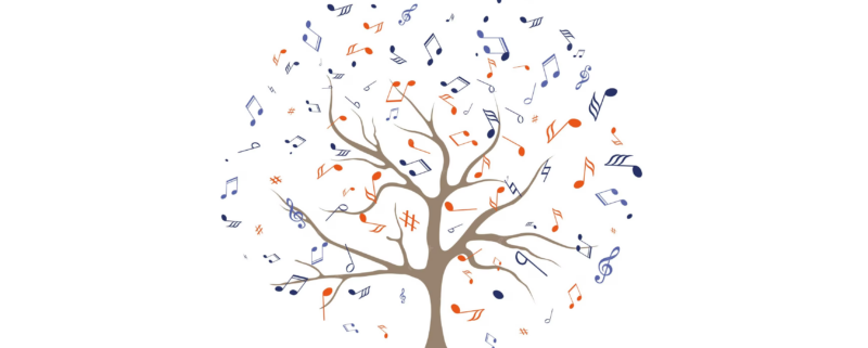 Artwork of a tree with music notes on its branches instead of leaves.