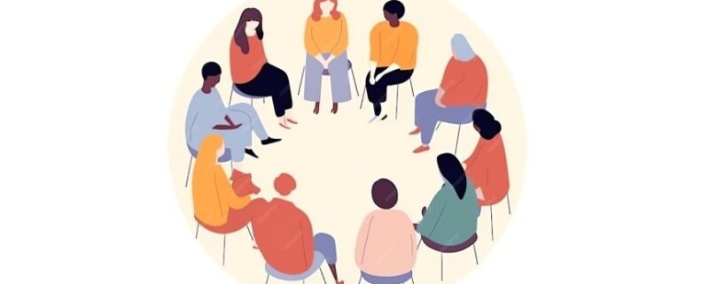A clipart drawing of ten people sitting in a circle facing each other.