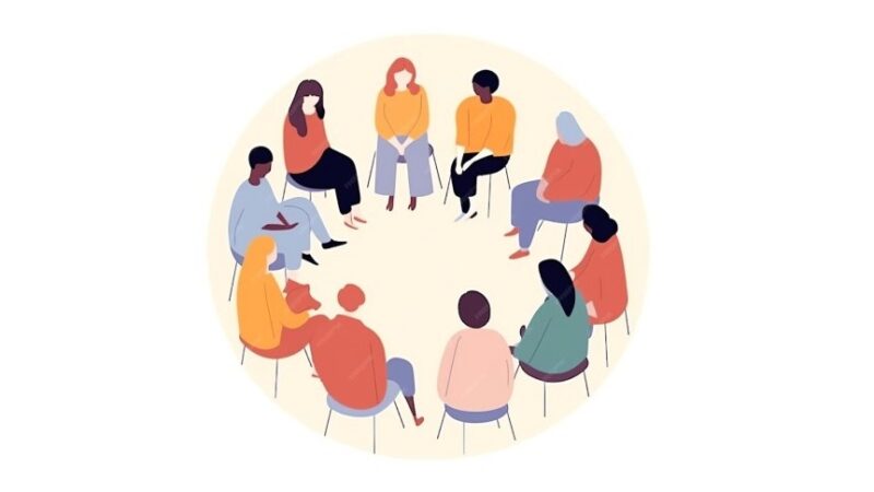 A clipart drawing of ten people sitting in a circle facing each other.