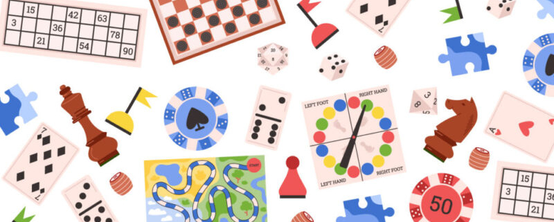Simple drawings of various types of board games