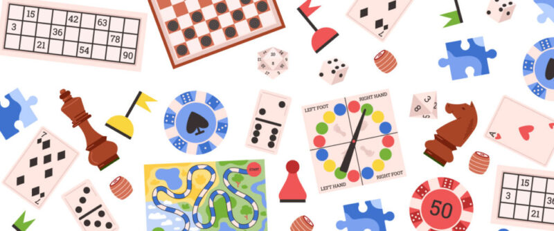Simple drawings of various types of board games