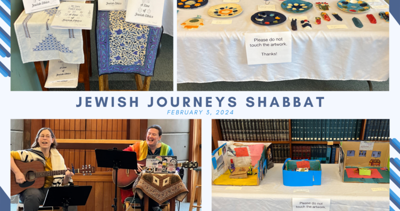 Four photos from Jewish Journeys Shabbat on 2/3/2024. Student-made zines (top L); plates, cups, & other homemade ceramics (top R); Rabbis Jarah & Rachel singing & playing guitar (bottom L); cardboard dioramas (bottom R).