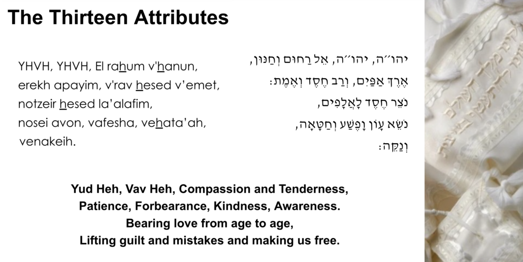 Yud Heh, Vav Heh, Compassion and Tenderness, / Patience, Forbearance, Kindness, Awareness. / Bearing love from age to age,  / Lifting guilt and mistakes and making us free.