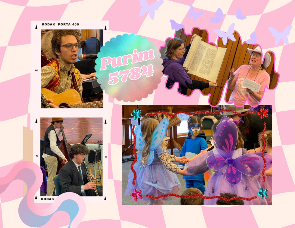Four photos from CBI's Purim party on 3/23/2024. Joe Alper and his band playing music (top & bottom L); Rabbis Jarah & Rachel in costume with the Torah (top R); costumed children dancing in a circle (bottom R).
