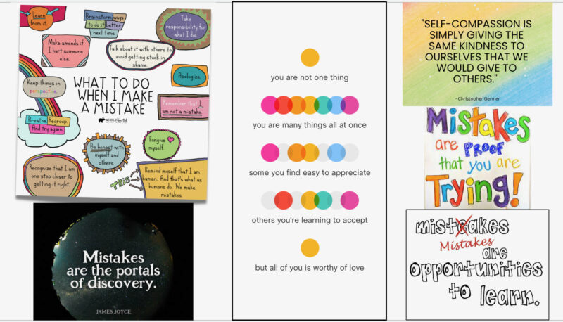 An assortment of motivational posters focused on learning from one's mistakes and becoming better from the experience.