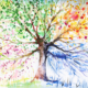 A watercolor painting of a tree; spring blooms, summer greenery, autumn leaves, and frosty winter branches are represented in each quarter of the tree.