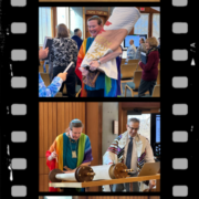 A mock filmstrip with four photos of Rabbi Rachel and other community members at the celebration of her 13th year at CBI.