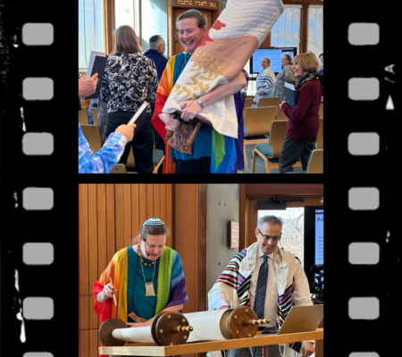 A mock filmstrip with four photos of Rabbi Rachel and other community members at the celebration of her 13th year at CBI.