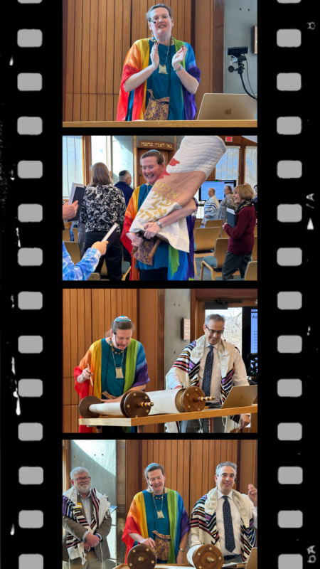 A mock filmstrip with four photos of Rabbi Rachel and other community members at the celebration of her 13th year at CBI.