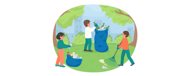 A drawing of three children cleaning up a park.