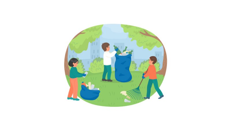 A drawing of three children cleaning up a park.