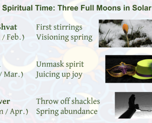 Jewish Spiritual Time: Three Full Moons in Solar Sync. Tu BiShvat (Shvat / February): First stirrings; visioning spring. Purim (Adar / March): Unmask spirit; juicing up joy. Passover (Nissan / April): Throw off shackles; spring abundance.