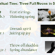 Jewish Spiritual Time: Three Full Moons in Solar Sync. Tu BiShvat (Shvat / February): First stirrings; visioning spring. Purim (Adar / March): Unmask spirit; juicing up joy. Passover (Nissan / April): Throw off shackles; spring abundance.