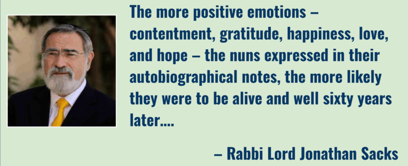 "The more positive emotions – contentment, gratitude, happiness, love, and hope – the nuns expressed in their autobiographical notes, the more likely they were to be alive and well sixty years later..."