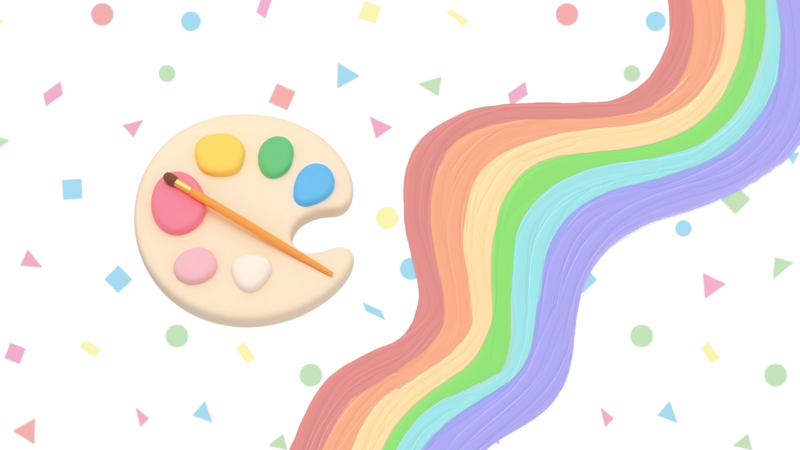 A painted rainbow next to a paint palette