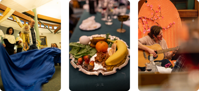 Len Radin puppeteering while young community members performing in a Passover play; a silver seder plate; Rabbi Rachel playing guitar.