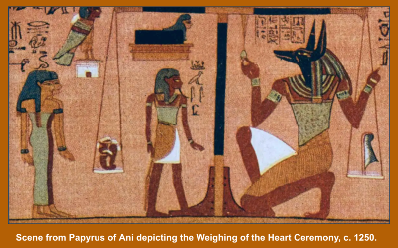 Scene from Papyrus of Ani depicting the Weighing of the Heart Ceremony, c. 1250.