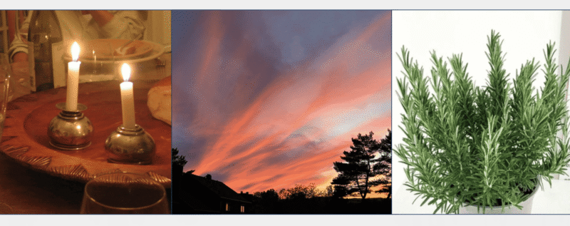 [L to R]: Two lit shabbat candles; a beautiful sunset sky; a rosemary plant.