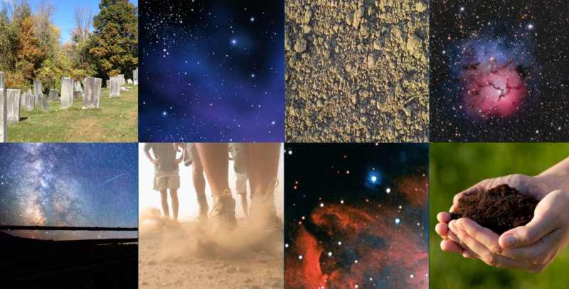 Photos of a cemetery, dirt, sand, and soil among stars in the night sky.