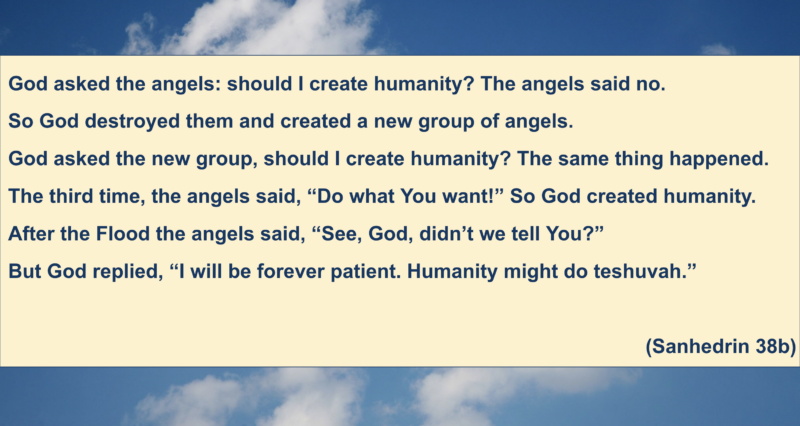 "God asked the angels: should I create humanity? The angels said no. So God destroyed them and created a new group of angels. God asked the new group, should I create humanity? The same thing happened. The third time, the angels said, 'Do what You want!' So God created humanity. After the Flood the angels said, 'See, God, didn't we tell You?' But God replied, 'I will be forever patient. Humanity might do teshuvah.'"